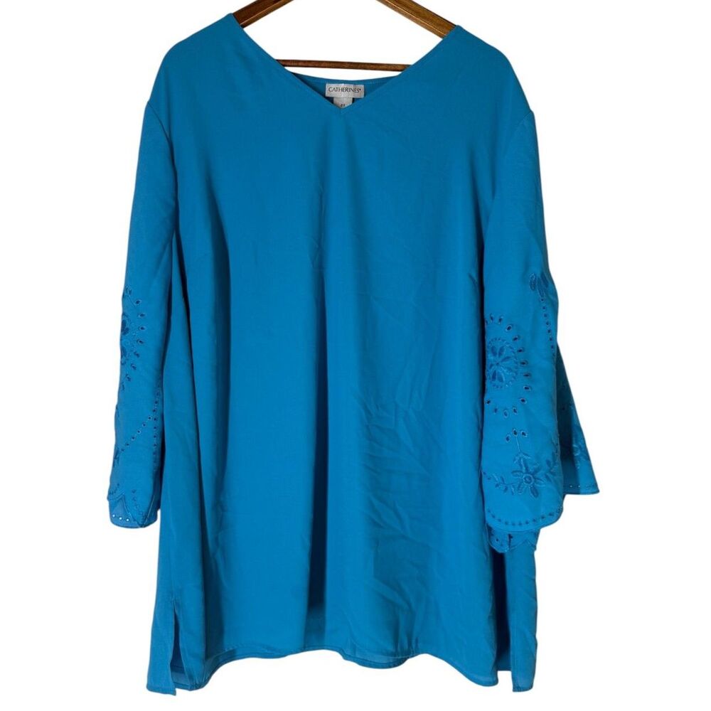 Catherines Blue Eyelet Lace Pull On Top Womens Sz 2X 3/4 Sleeve Casual V Neck